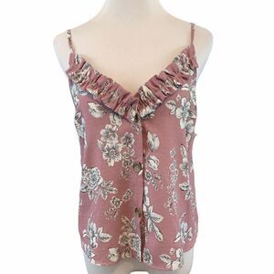 Boho mauve floral ruffle button down tank S